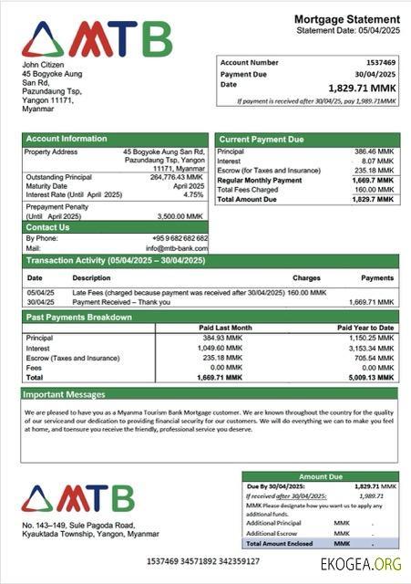 Modèle Word et PDF de relevé hypothécaire de la Myanma Tourism Bank